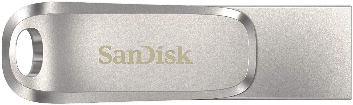 Silver SanDisk 512GB USB Type-C drive with metal casing and keyring hole