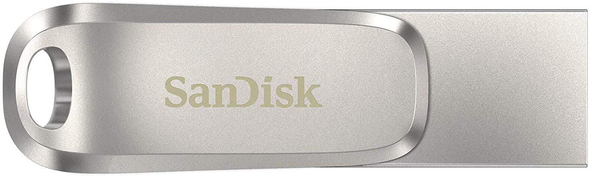 Silver SanDisk 512GB USB Type-C drive with metal casing and keyring hole
