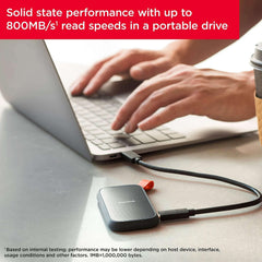 SanDisk external SSD connected by black cable, orange-tipped USB-C end