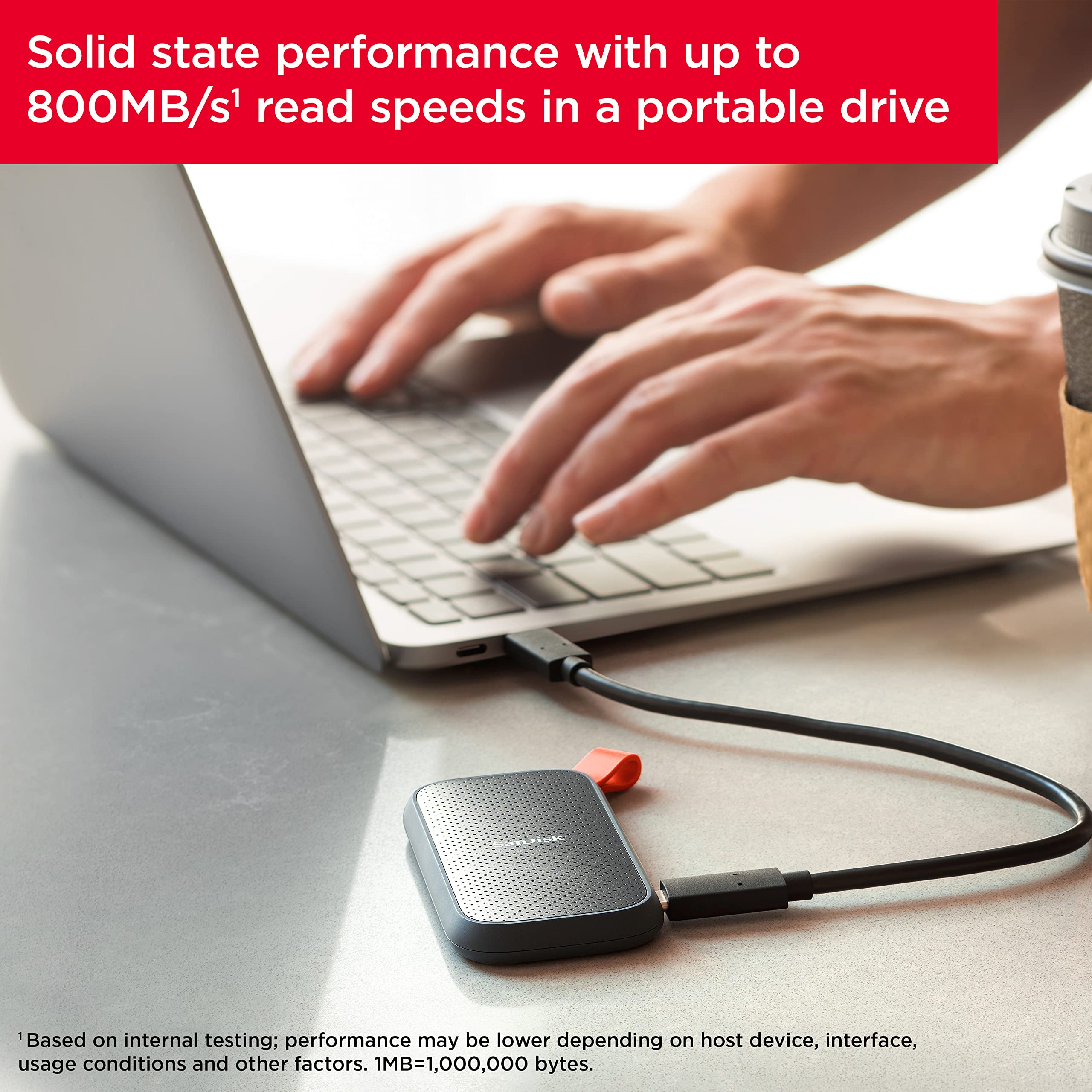SanDisk high speed USB-C external SSD connected to laptop for fast data transfer and portable storage