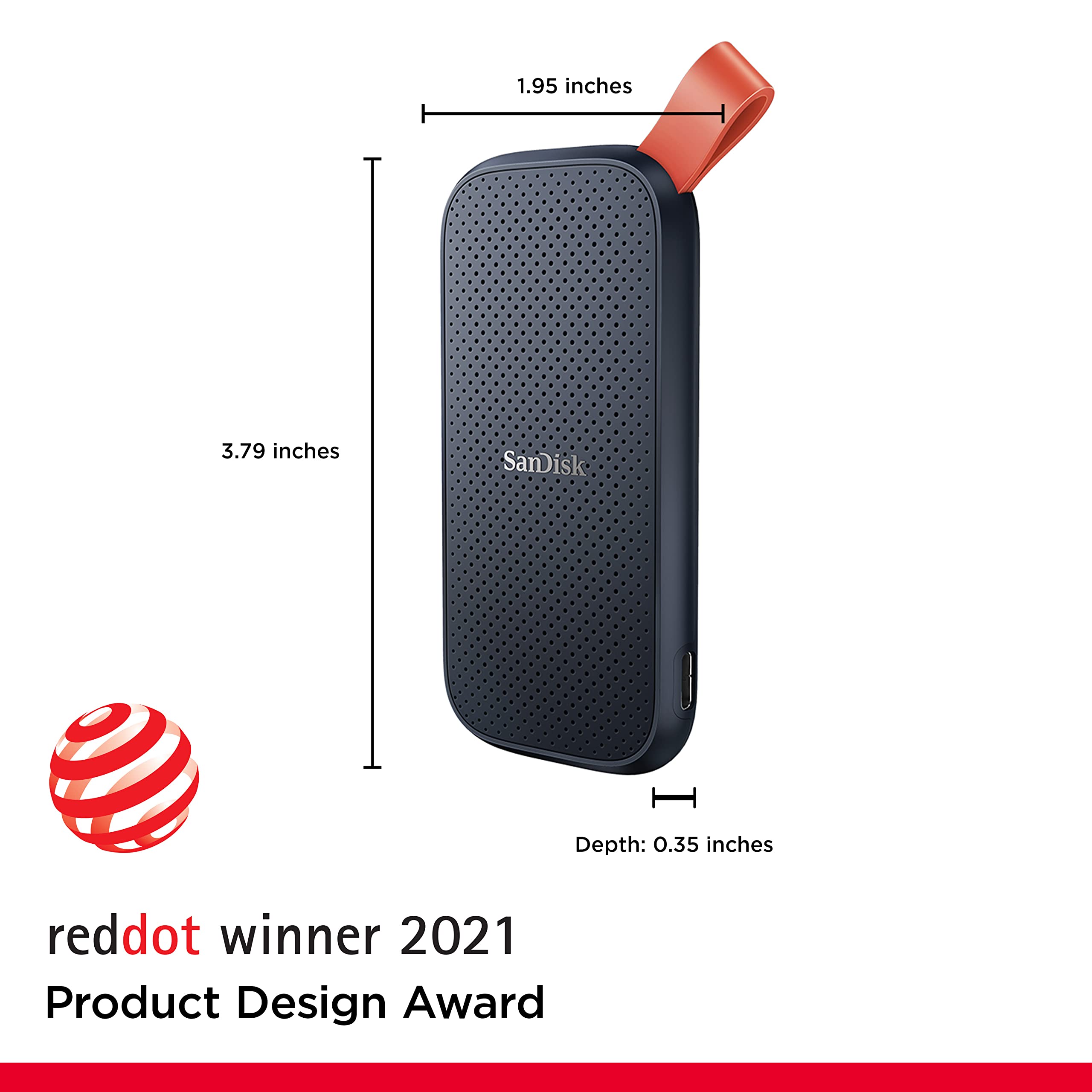 SanDisk high speed USB-C external SSD with compact design measuring 3.79 by 1.95 inches