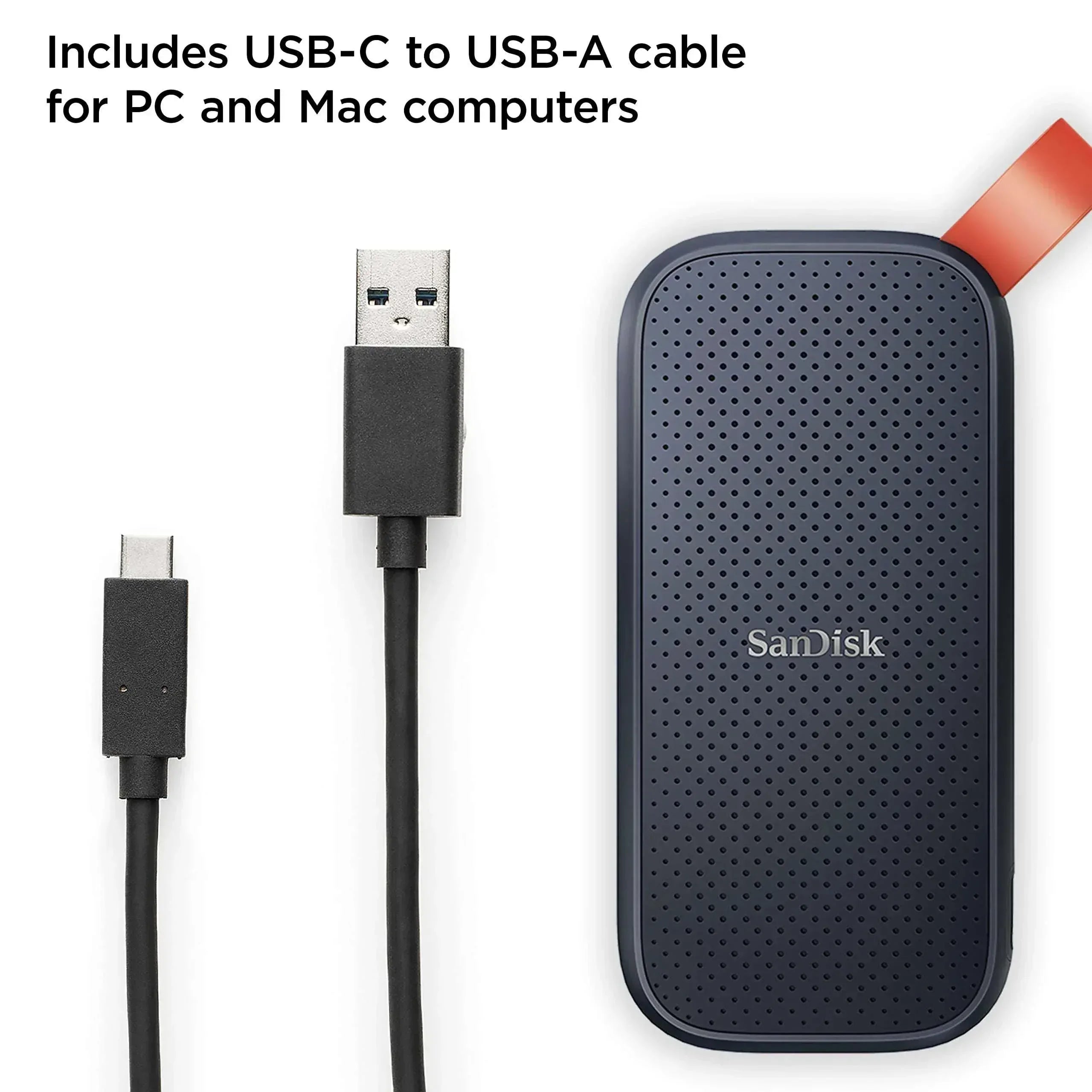 SanDisk external SSD with USB-C to USB-A cable, dark case and orange connector