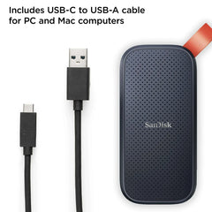 SanDisk external SSD with USB-C to USB-A cable, dark case and orange connector
