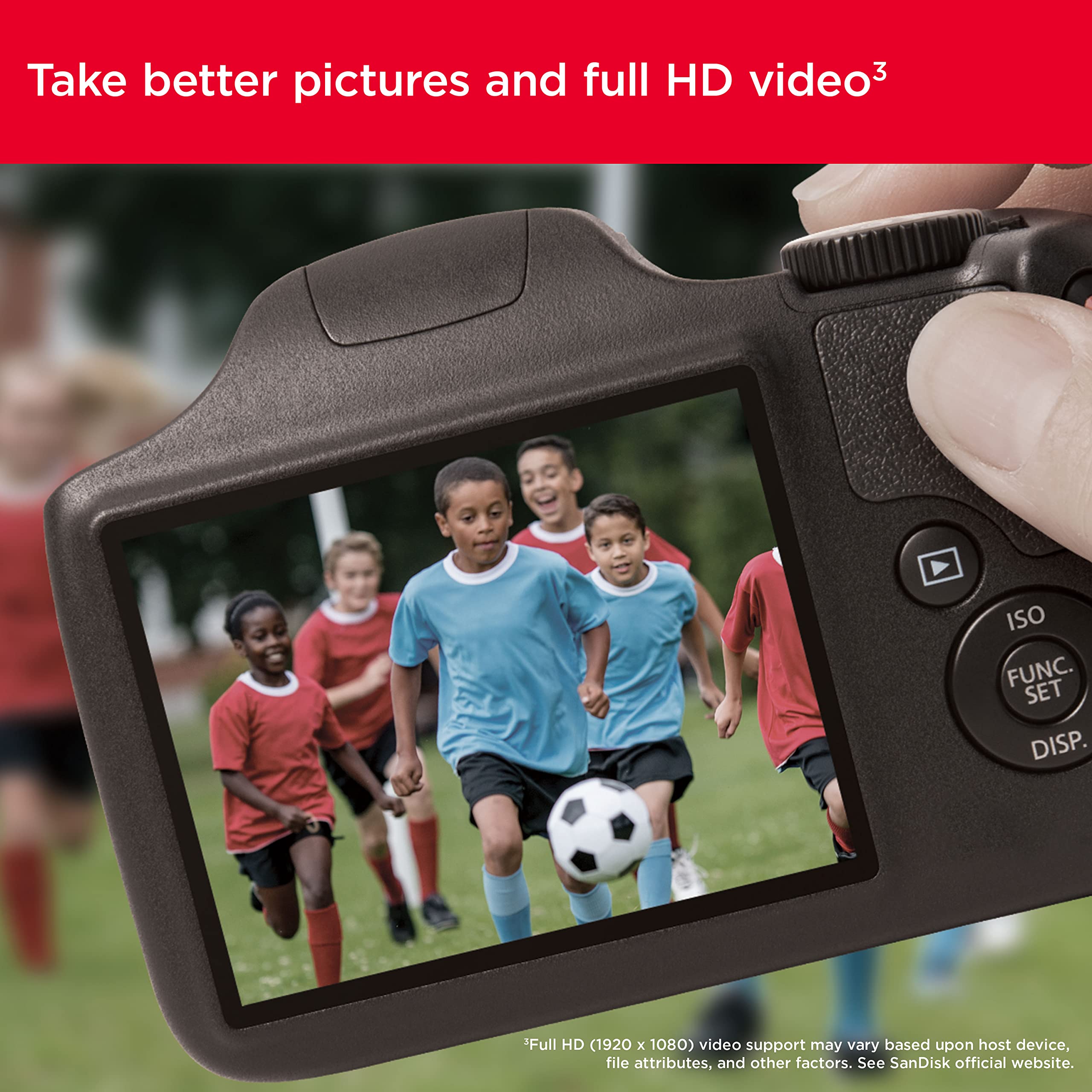 Digital camera screen showing kids playing soccer video using SDXC 64GB 140MBs for cameras memory card