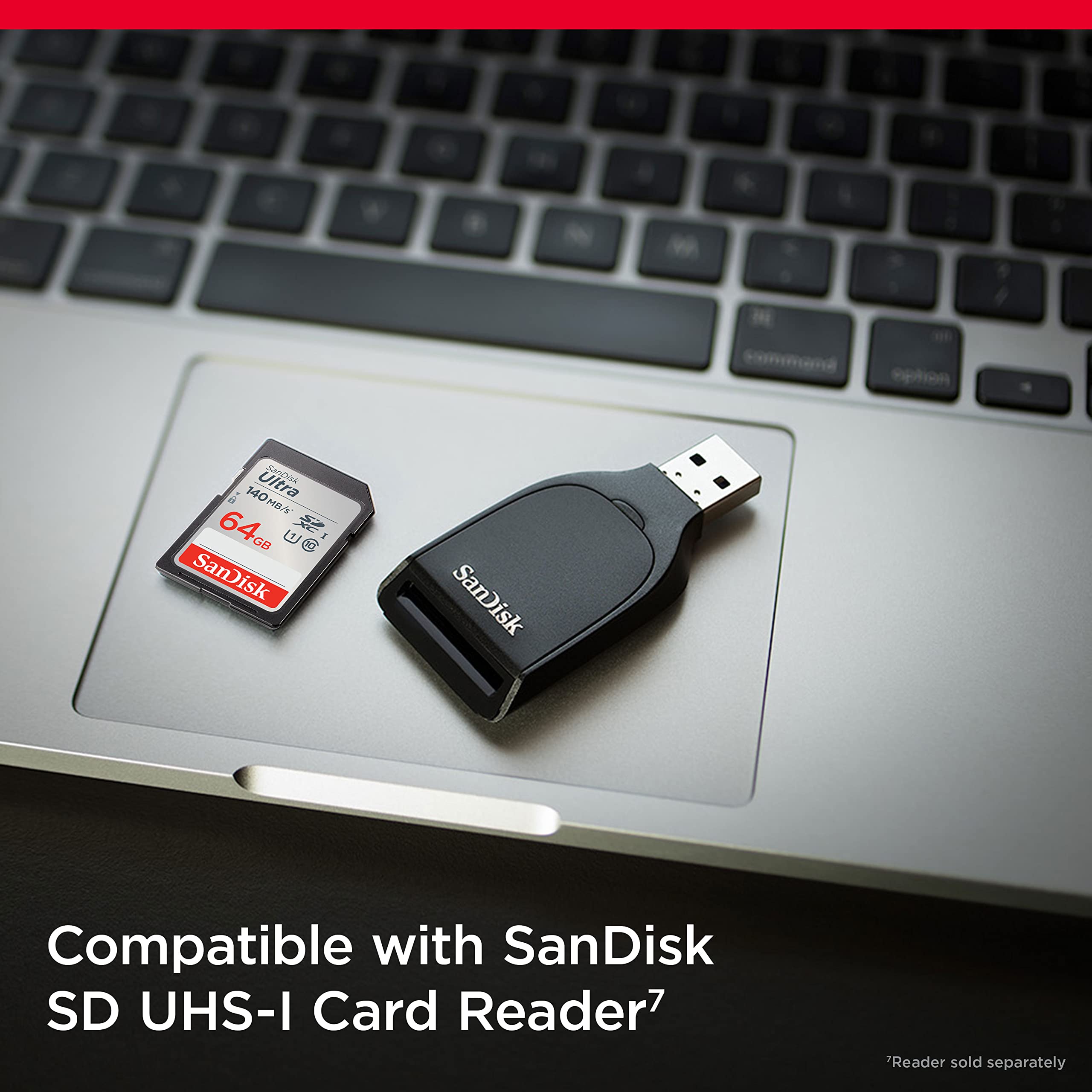 SanDisk SDXC 64GB 140MBs for cameras memory card with USB card reader on laptop keyboard