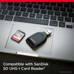 SanDisk SDXC 64GB 140MBs for cameras memory card with USB card reader on laptop keyboard