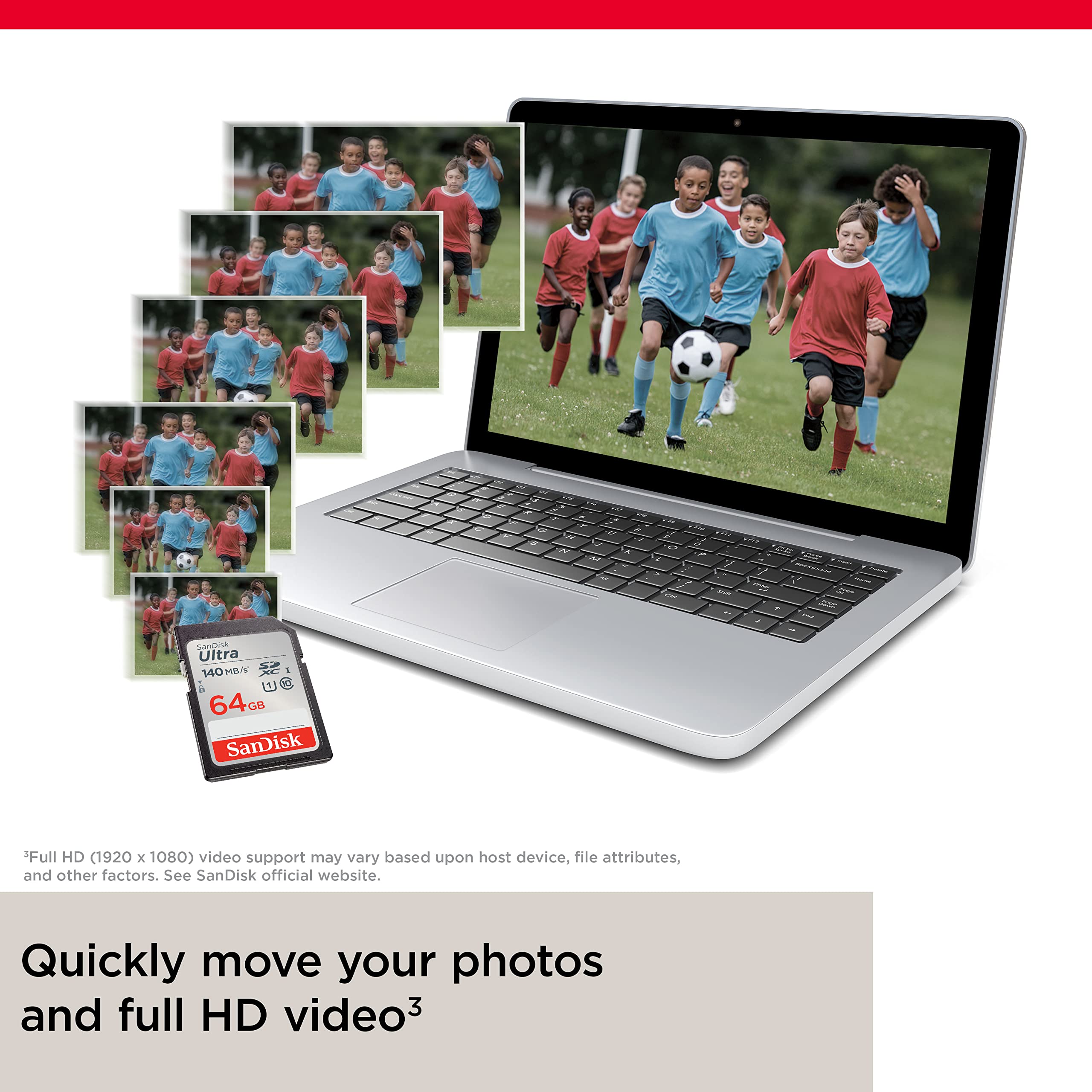 SanDisk SDXC 64GB 140MBs for cameras next to laptop showing soccer photos and videos in full HD