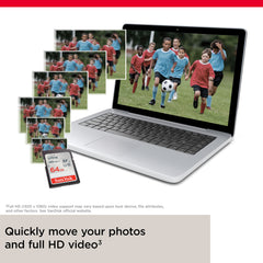SanDisk SDXC 64GB 140MBs for cameras next to laptop showing soccer photos and videos in full HD