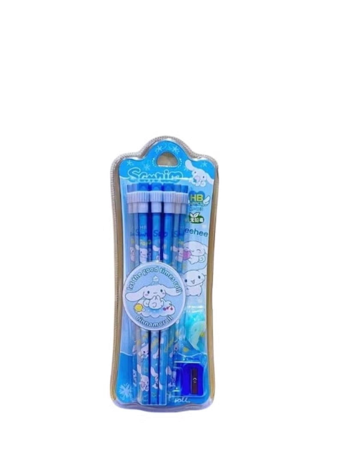 Sanrio pencil set with accessories featuring blue pencils and a sharpener for fun writing