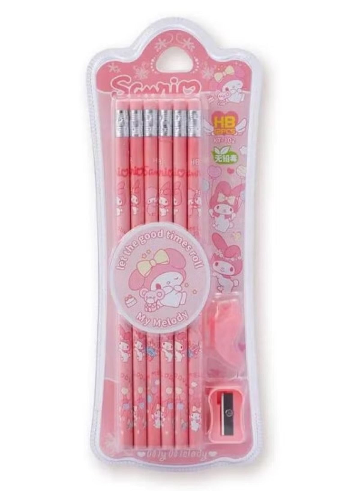 Sanrio pencil set with accessories featuring My Melody pencils and a sharpener in a pink design