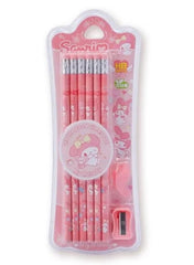 Sanrio pencil set with accessories featuring My Melody pencils and a sharpener in a pink design