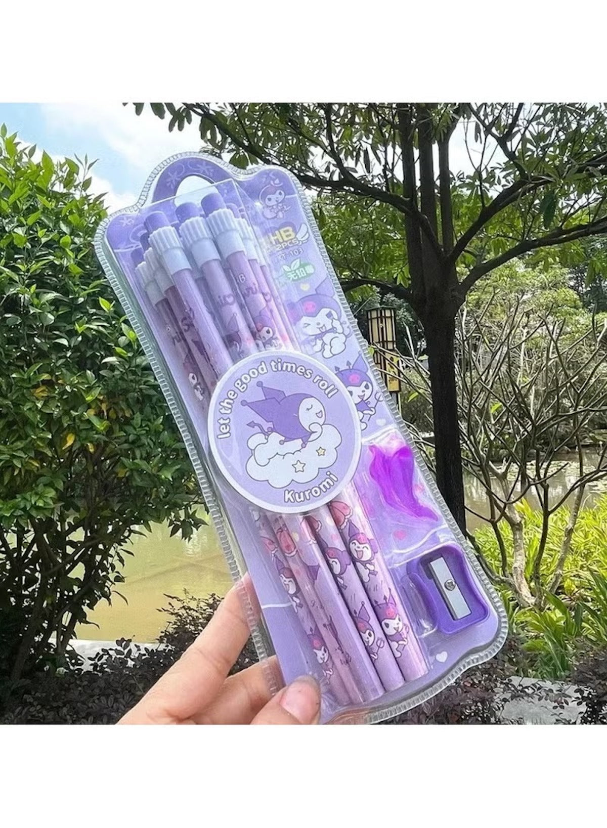 Huitich Sanrio pencil set with accessories featuring cute Kuro Mimi designs in a purple case