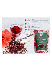 Savannah Soul Fruits hibiscus flower powder package with brewed tea and dried flowers for infusion recipes