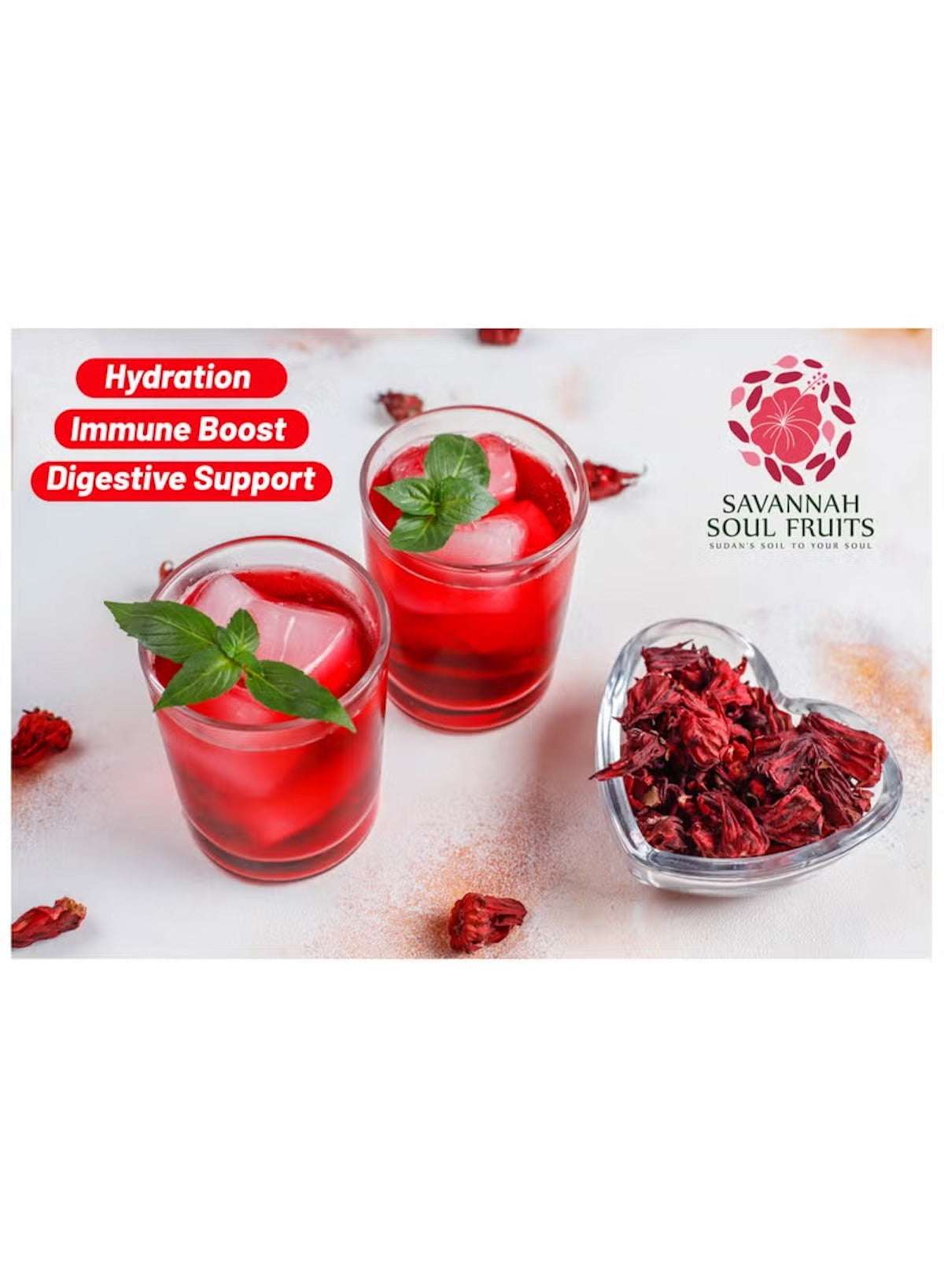 Savannah Soul Fruits hibiscus flower powder used in refreshing drinks for hydration and immune support