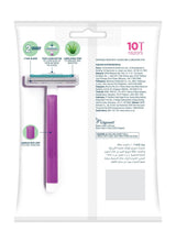 Women’s disposable razor with purple handle and teal blades, shown on package back