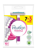 Women’s disposable razor pack with teal blades and purple handle, 7+3 count