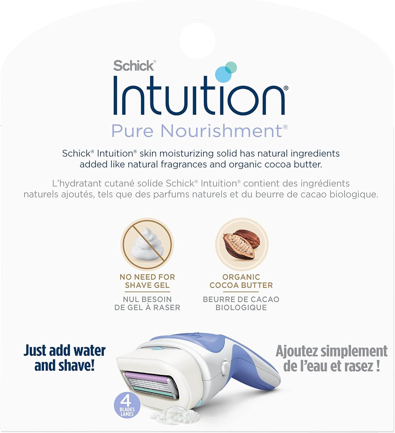Schick Intuition razor refill cartridges packaging Pure Nourishment moisturizing solid with organic cocoa butter and razor head