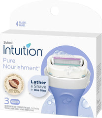 Schick Intuition razor refill cartridges Pure Nourishment pack of 3 with organic cocoa butter lathering soap and 4 blades