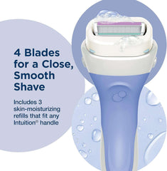 Lavender razor handle and cartridge with foam showing 4 blades and 3 moisturizing refills Schick Intuition razor refill cartridges