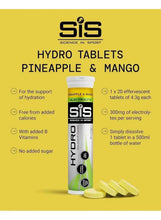 SiS Hydro tablets label panel with pineapple & mango tube and yellow tablets