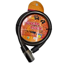 Bike cable lock with orange round cover and black coiled cable, with silver latch