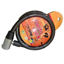 Bike cable lock with orange patterned cover, black coiled cable, and gray mounting block