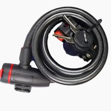 Bike cable lock with black lock head and coiled cable, showing key slot