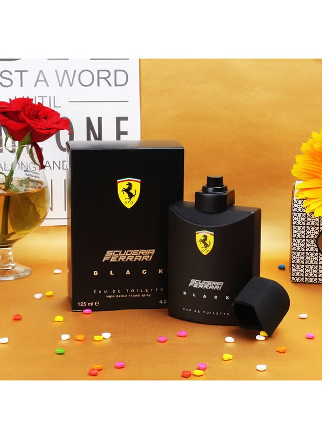Scuderia Black EDT 125ml by Ferrari in a sleek black bottle with fragrance box and colorful decorations