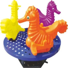 Three colorful seahorse seats on circular blue base with white dots
