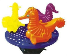 Colorful sea-horse merry-go-round playset with three seahorse seats on blue base