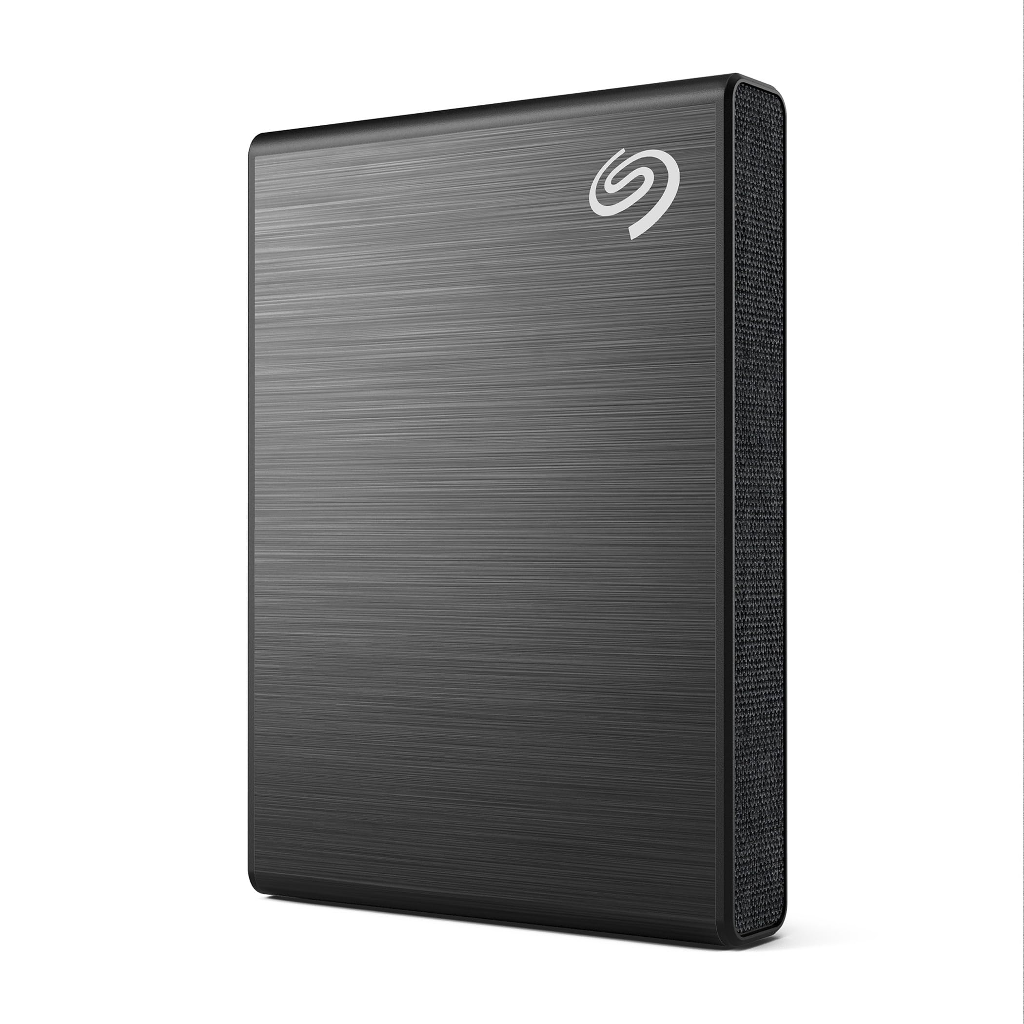 Seagate 1TB SSD with Adobe Creative Cloud external solid state drive in black with textured side