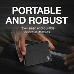Portable external SSD in dark gray with Seagate logo on the side