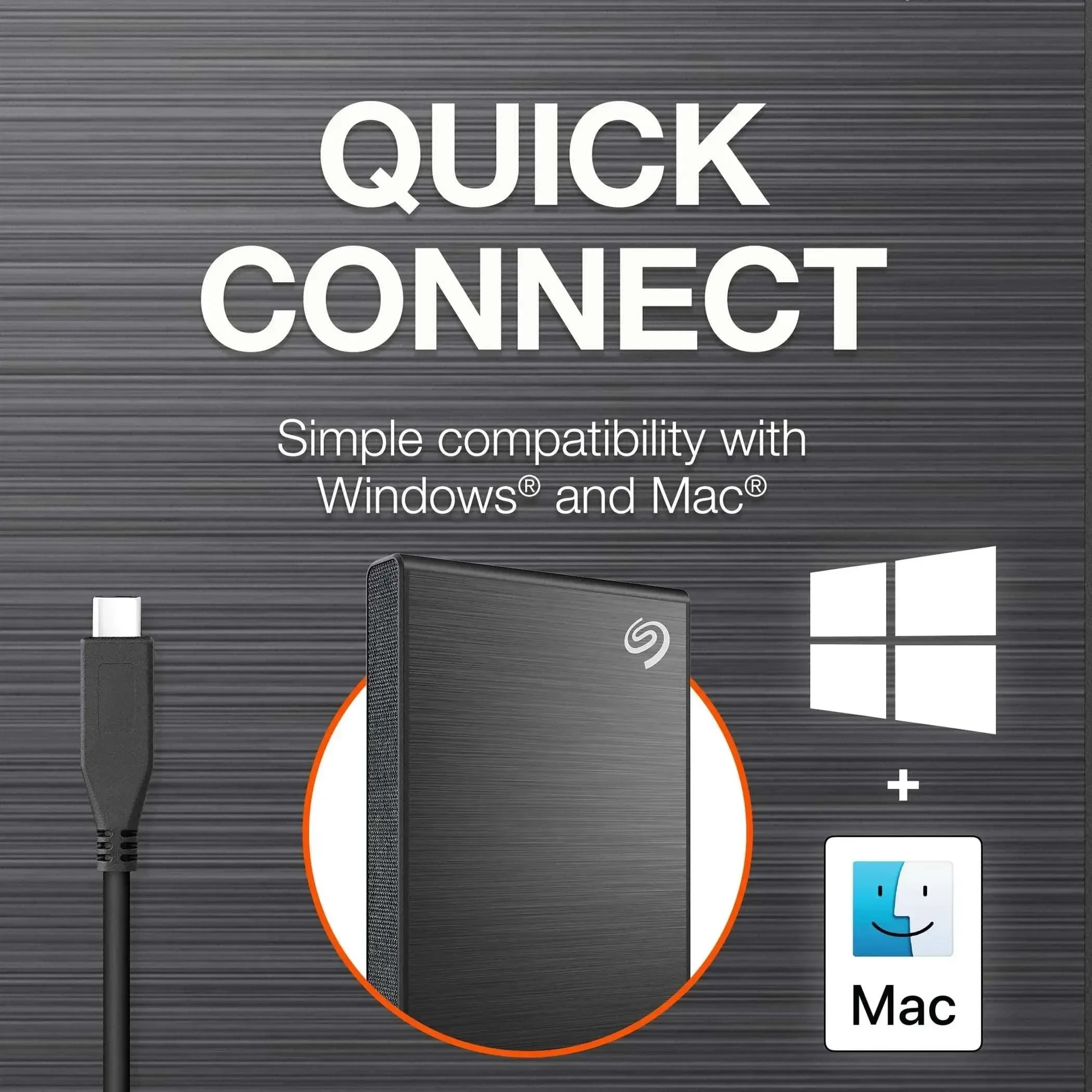 Portable SSD with connected USB cable and Windows and Mac compatibility icons