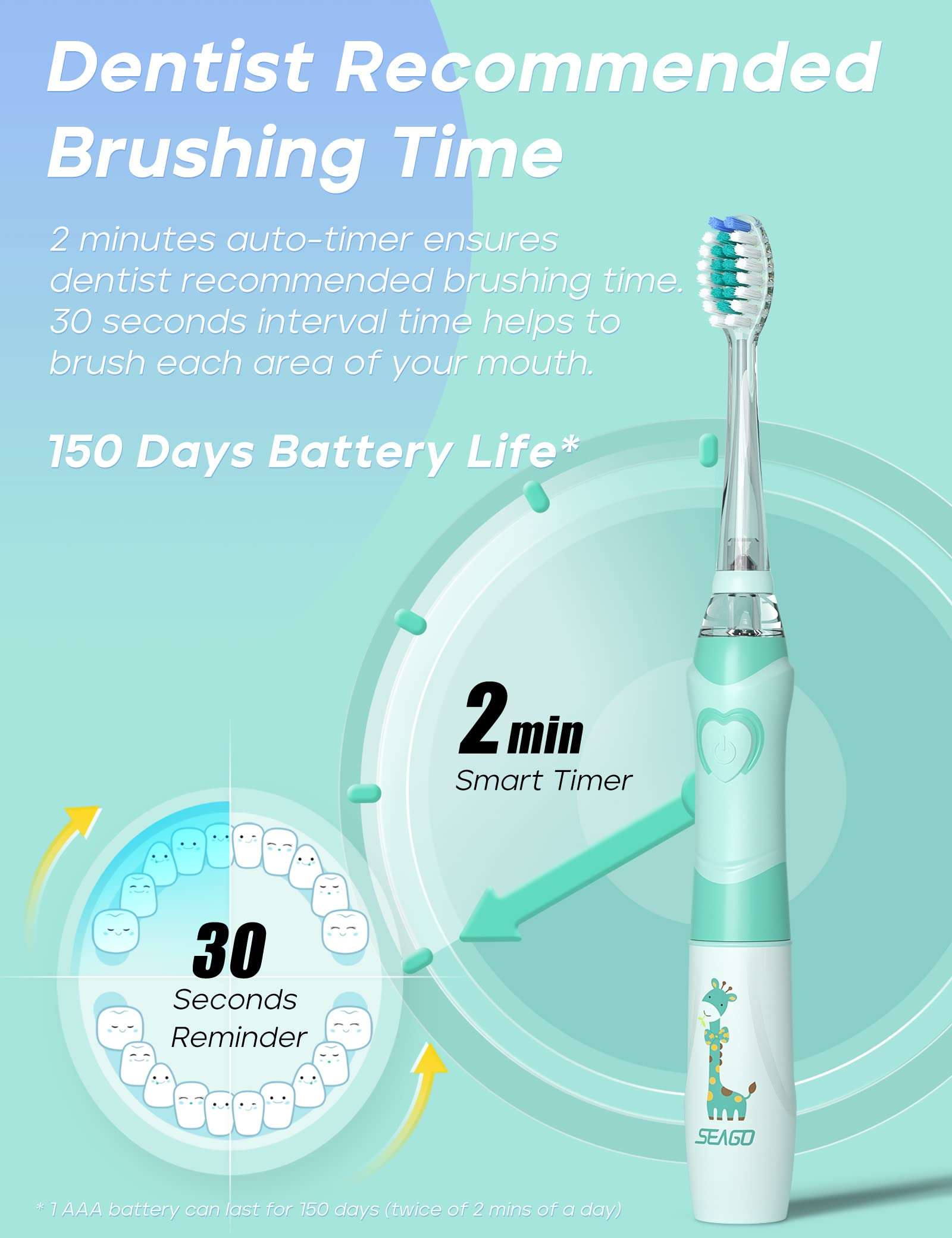 Seago mint green kids electric toothbrush with timer showing two minute smart timer 30 second reminder and giraffe design