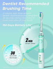 Seago mint green kids electric toothbrush with timer showing two minute smart timer 30 second reminder and giraffe design