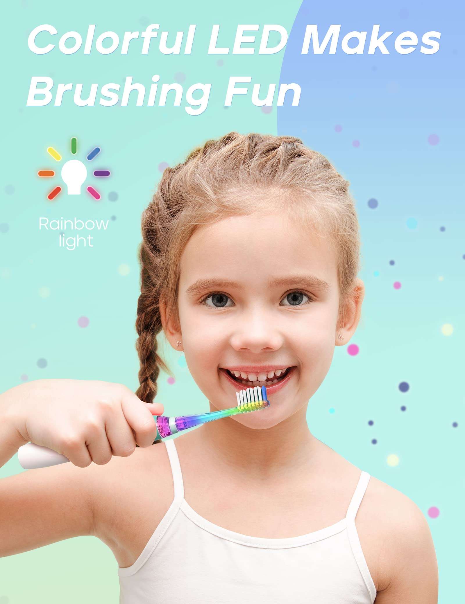 Seago kids electric toothbrush with timer shown in use by smiling girl holding colorful LED rainbow light toothbrush
