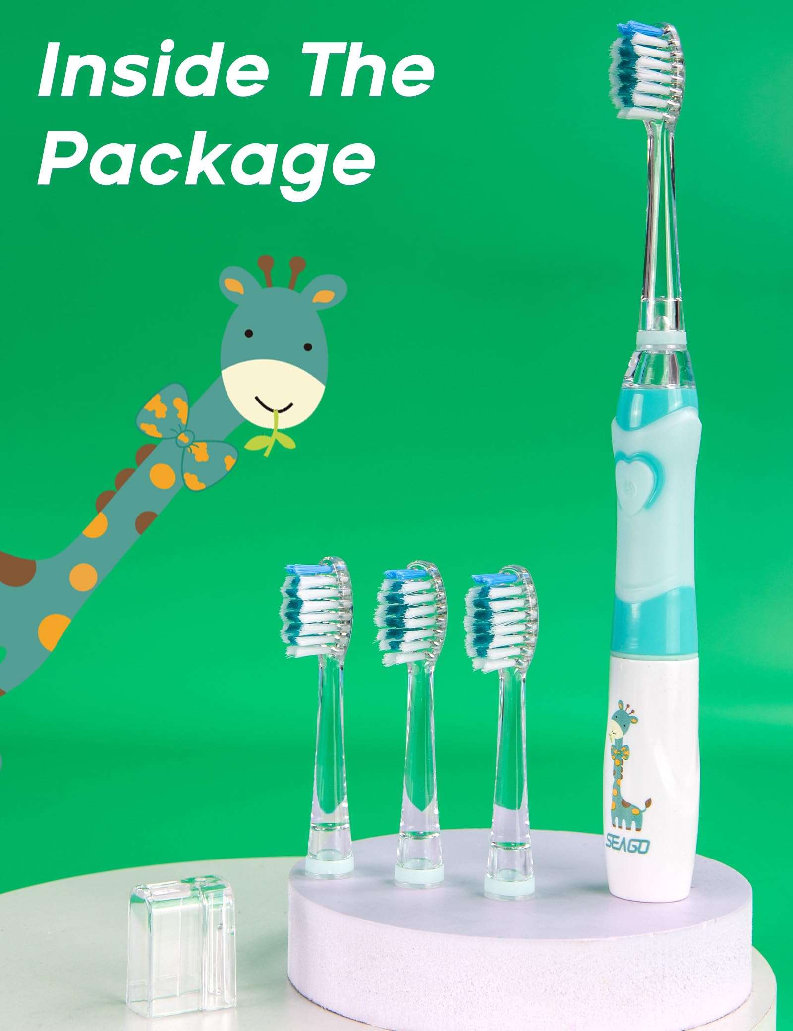 Seago kids electric toothbrush with timer in teal and white with giraffe design and four replacement heads and travel case