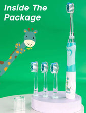 Mint kids electric toothbrush with three replacement heads on display stand