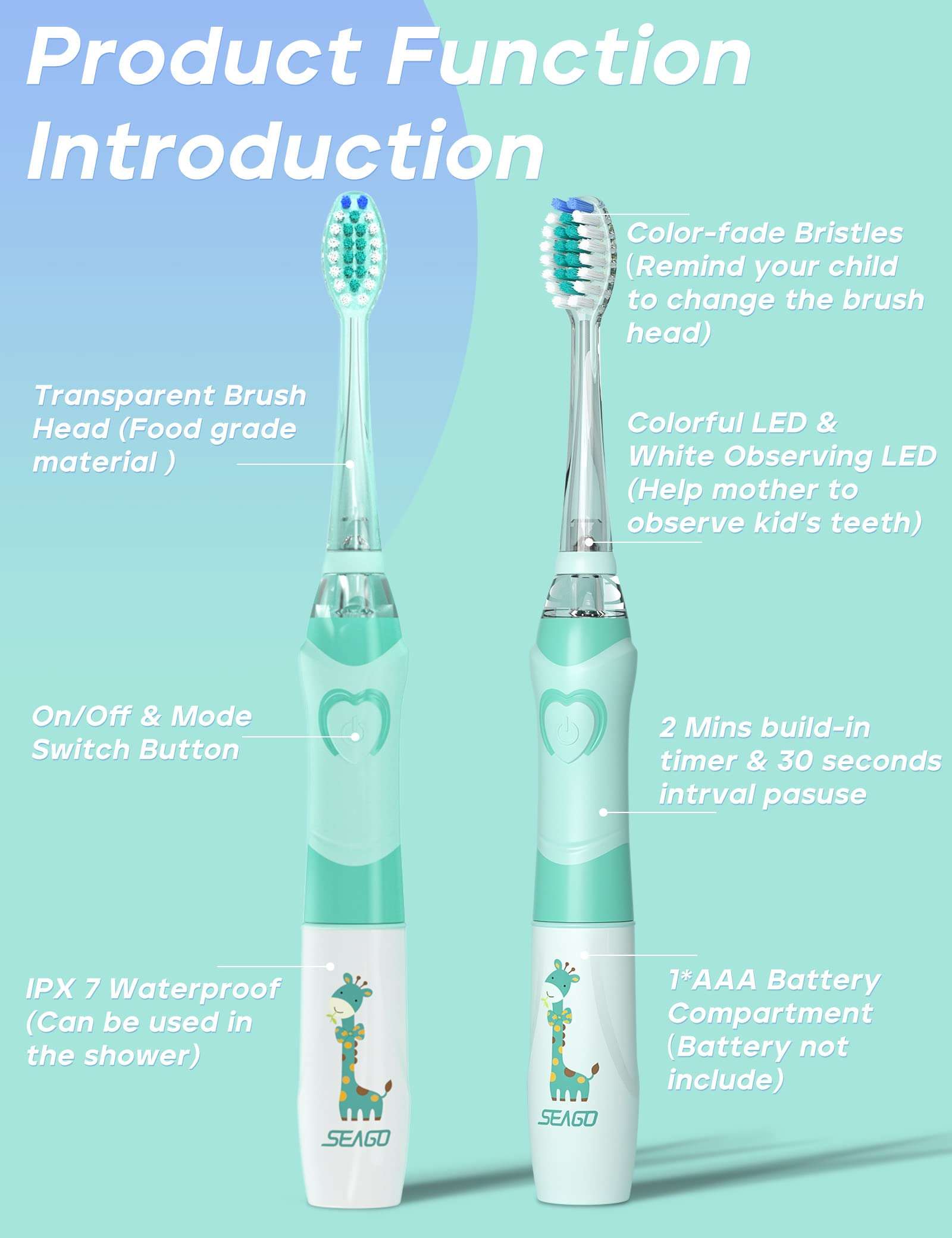 Seago kids electric toothbrush with timer mint green waterproof soft bristles giraffe print LED
