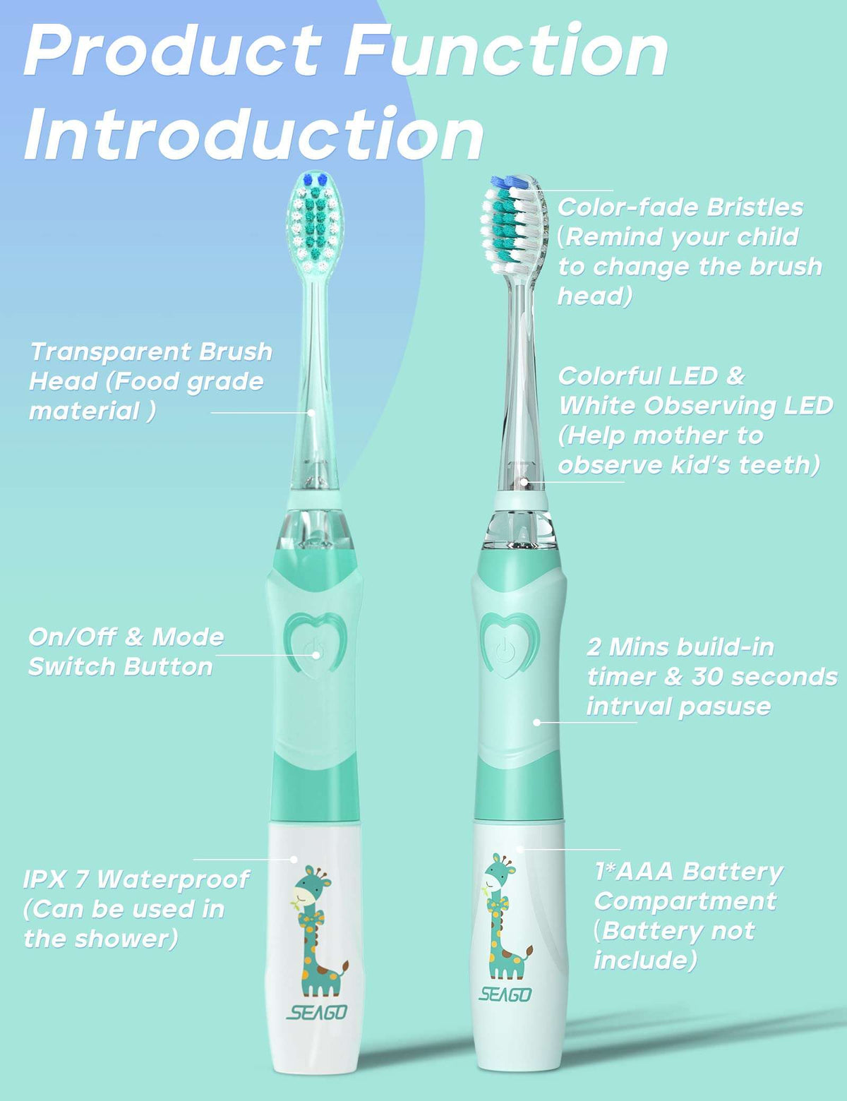 Seago kids electric toothbrush with timer mint green waterproof soft bristles giraffe print LED