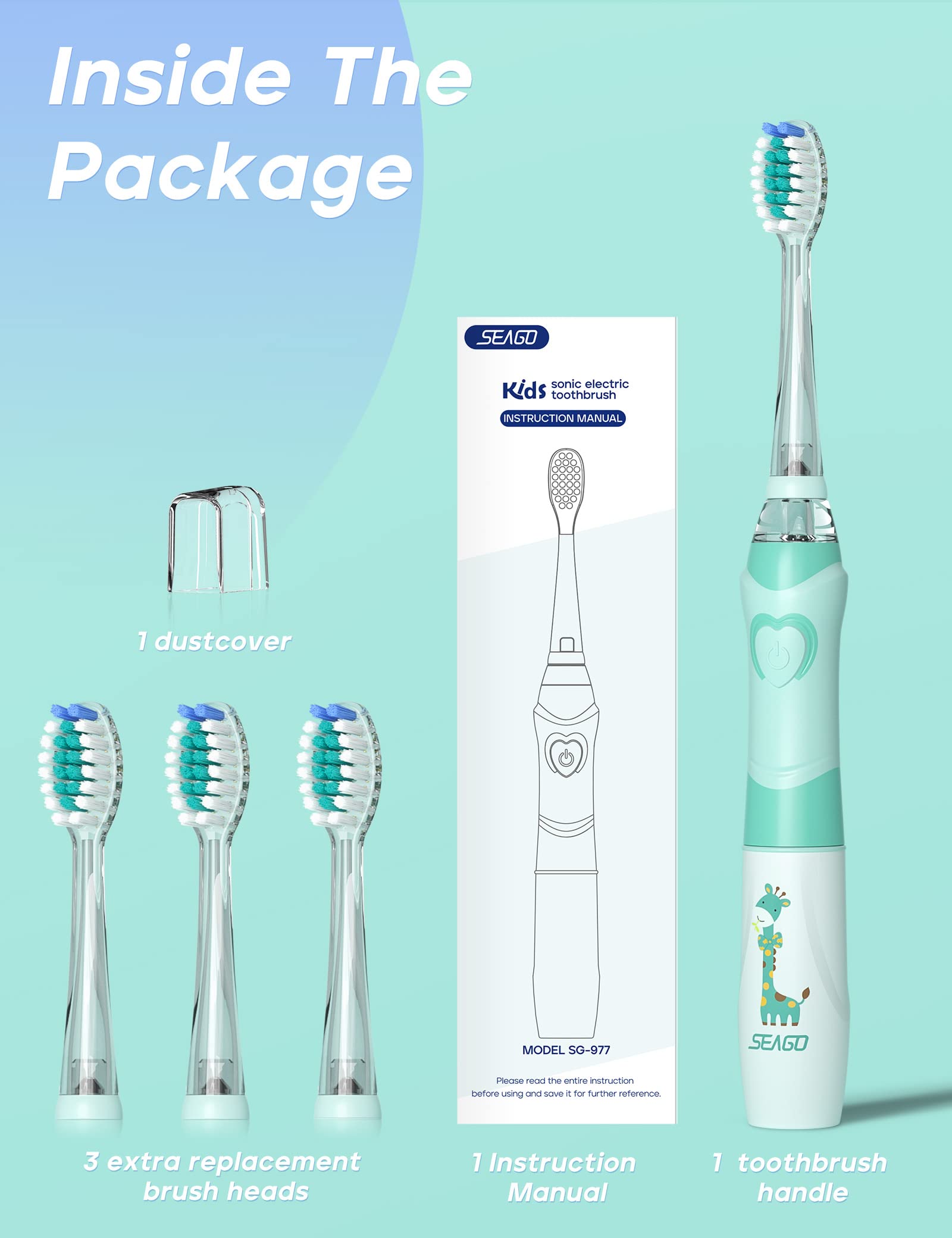 seago kids electric toothbrush with timer mint color with giraffe print three replacement heads and dust cover