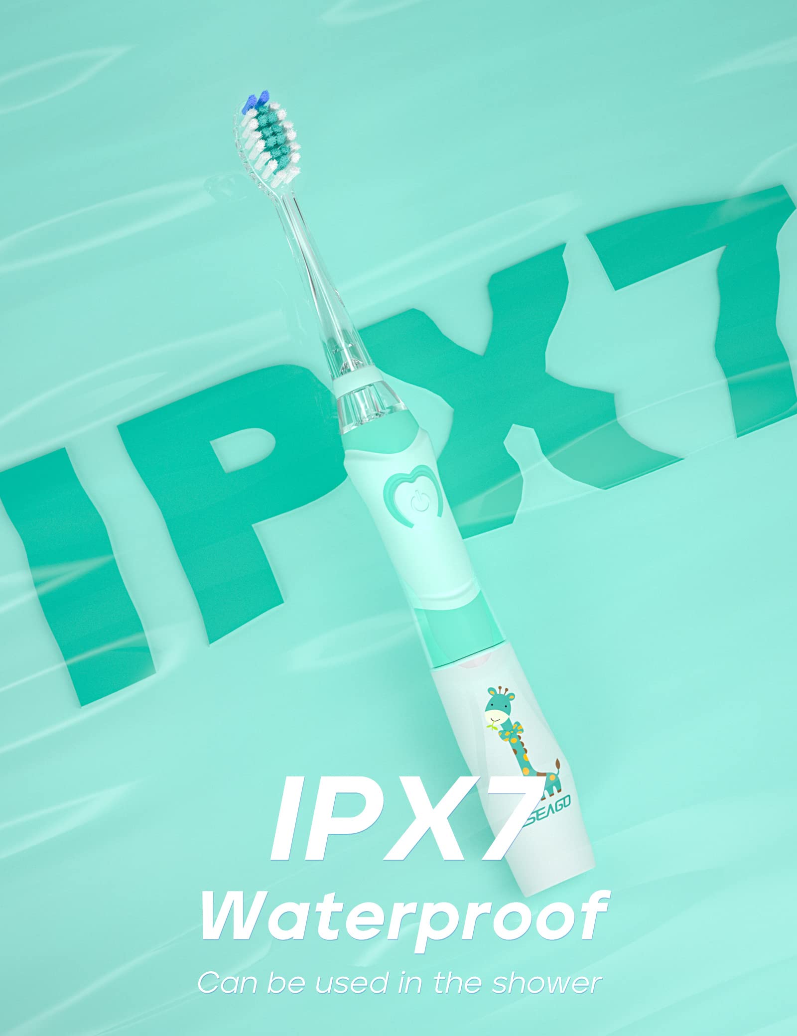 Seago kids electric toothbrush with timer in mint and white with giraffe print IPX7 waterproof