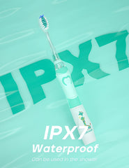 Seago kids electric toothbrush with timer in mint and white with giraffe print IPX7 waterproof