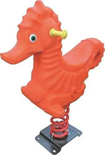 Orange seahorse spring rider, side view with yellow handles and metal base