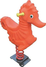 Orange seahorse spring rider with spiral spring and metal base plate, front view