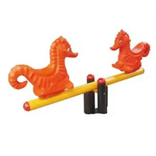 Seahorse spring rider seesaw with two orange figures on yellow beam and black pivot base