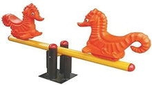 Double seahorse spring rider seesaw, orange riders on yellow beam with black base