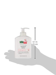 Sebamed intimate wash for women pump 200 ml white bottle shown on palm with size 6 inches tall
