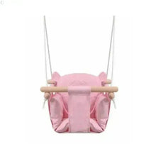 Pink baby swing seat with wooden bar and fabric straps
