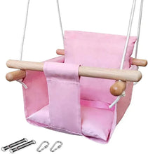 Pink baby swing seat with wooden support bar, straps, and metal carabiners